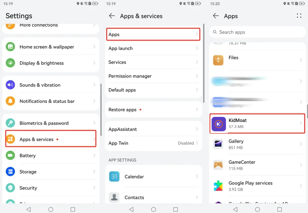 Huawei settings showing Apps and services, Apps, and KidMoat in the app list
