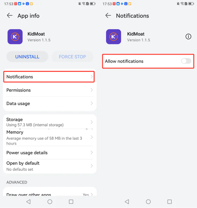 KidMoat notifications screen on Huawei with the Allow notifications toggle to switch on