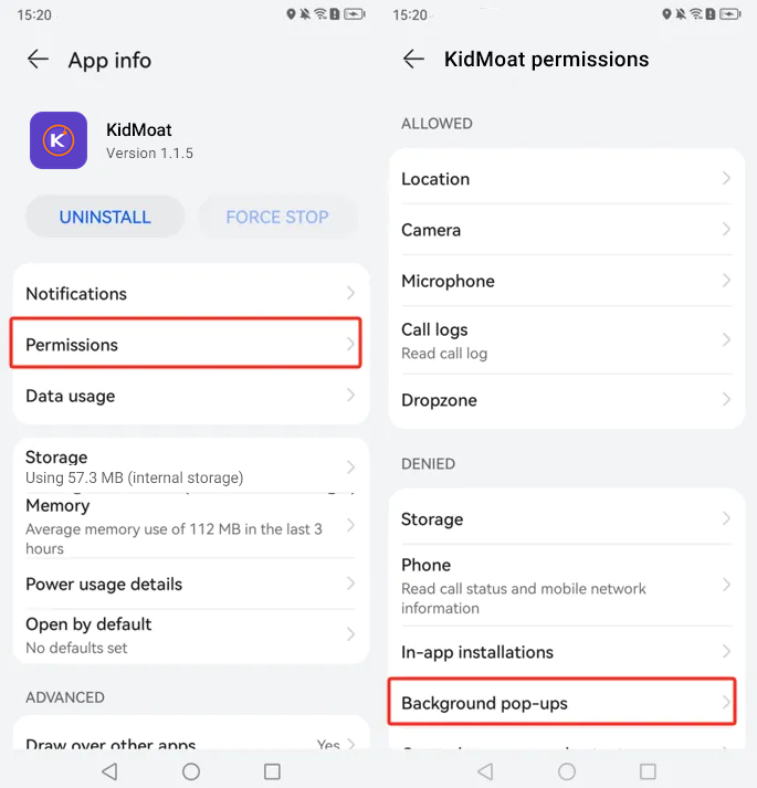 KidMoat permissions on Huawei with Background pop-ups highlighted to allow