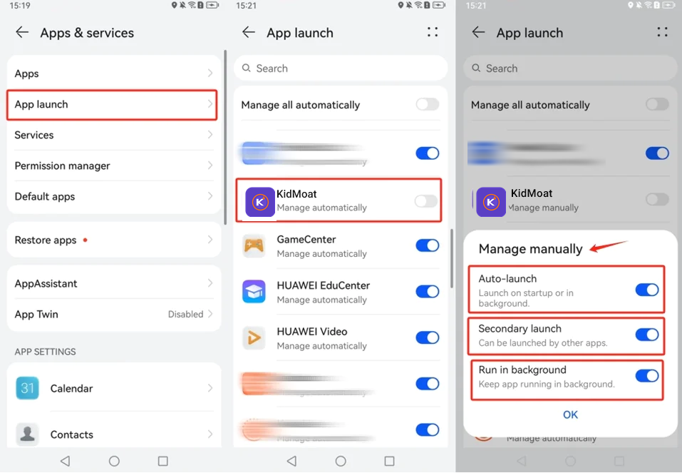 Huawei App launch screen with KidMoat set to manage manually and Auto-launch, Secondary launch and Run in background all enabled