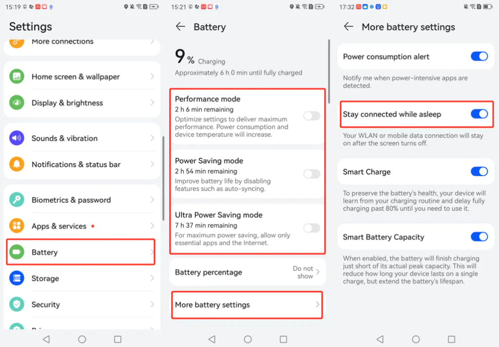 Huawei Battery settings with power saving modes off and Stay connected while asleep enabled