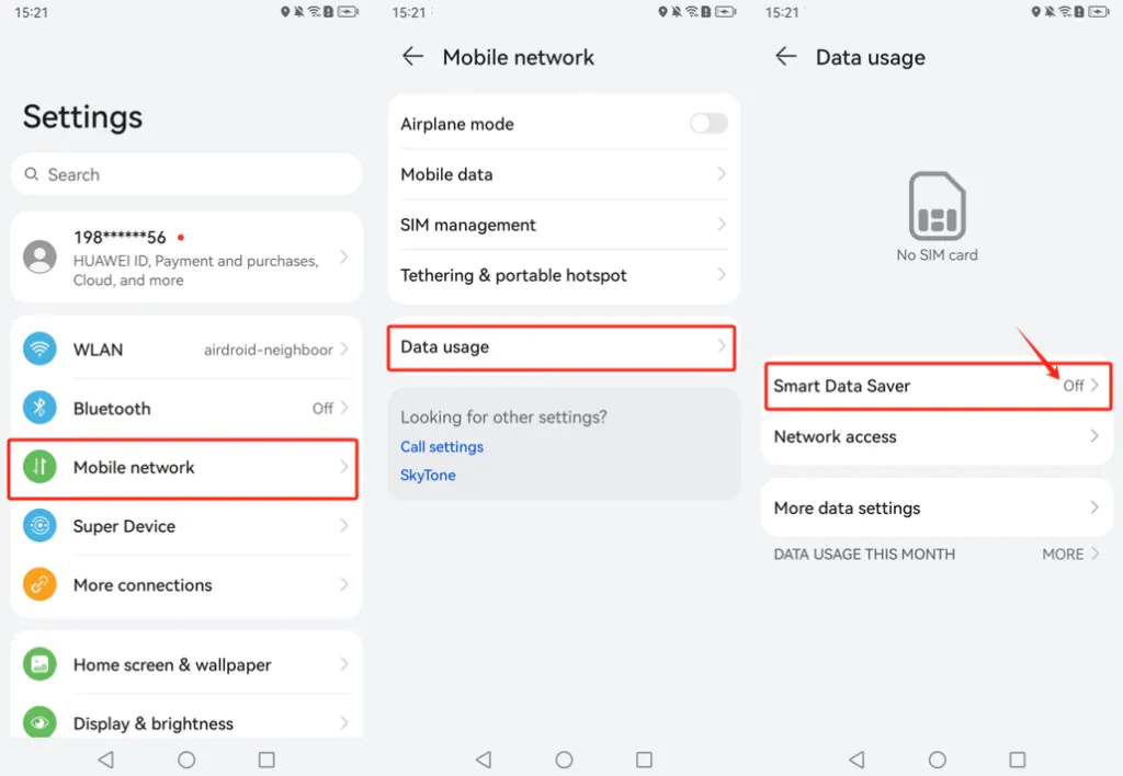 Huawei Mobile network data usage screen with Smart Data Saver off