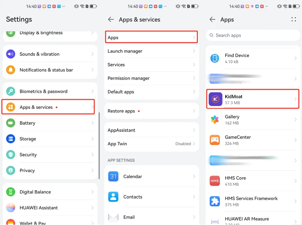 Huawei HarmonyOS 4 settings showing Apps and services, Apps, and KidMoat