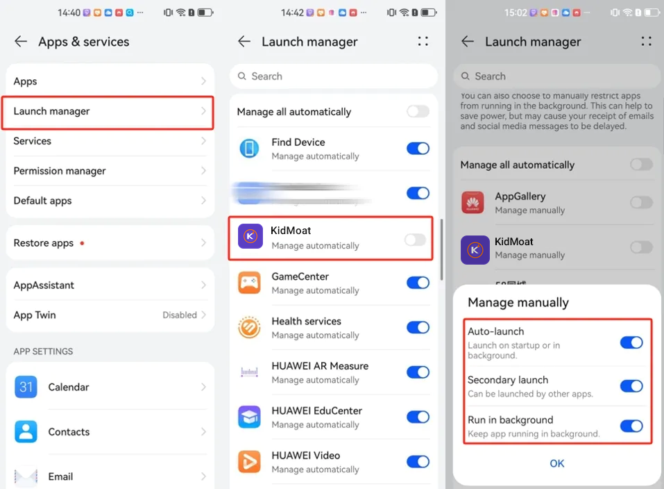 HarmonyOS 4 Launch manager with KidMoat set to manage manually and all three launch toggles enabled