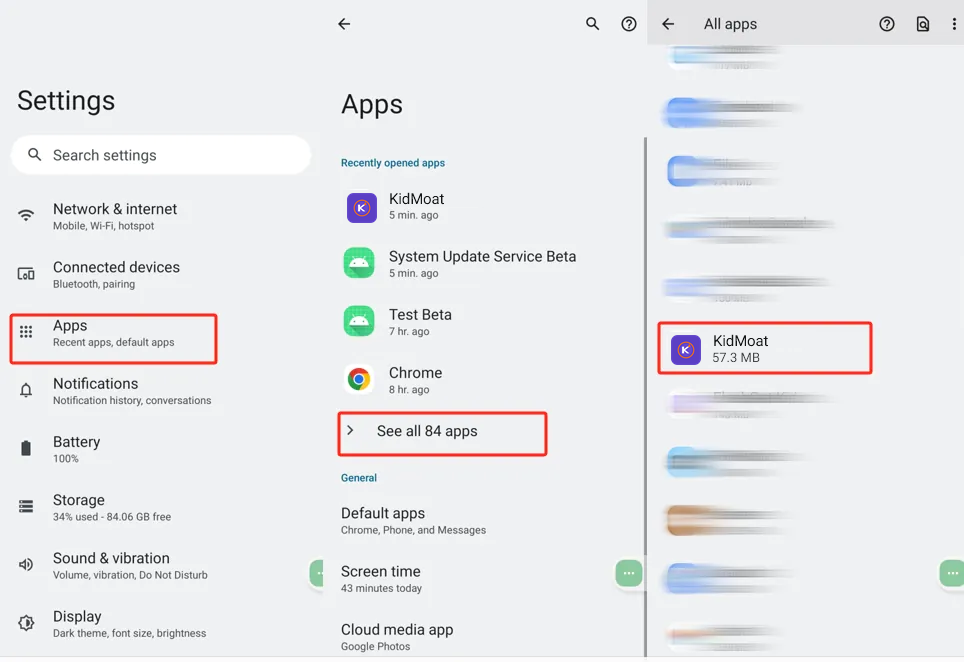 Motorola settings showing Apps, See all apps and KidMoat in the list