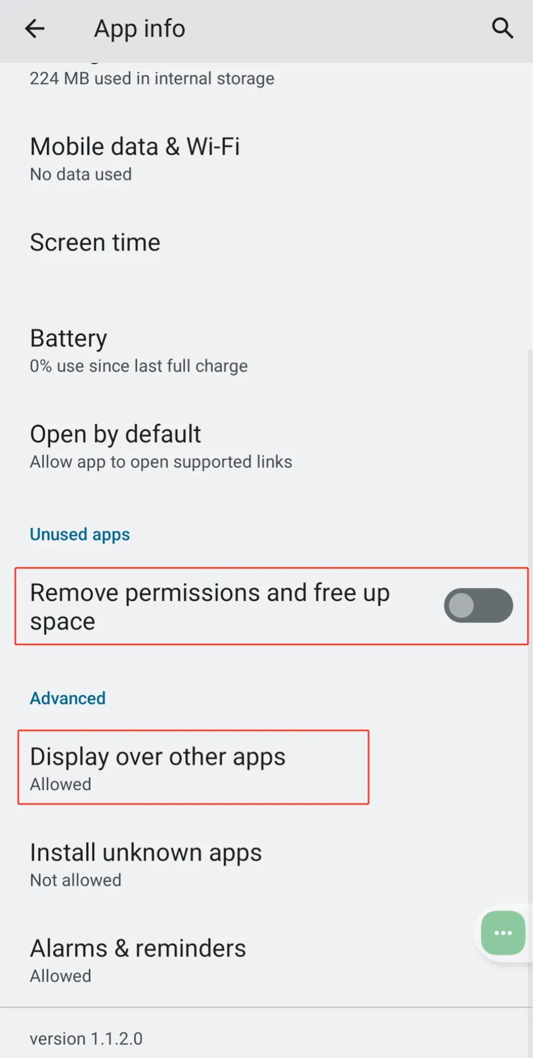 Motorola App info with Remove permissions and free up space off and Display over other apps allowed