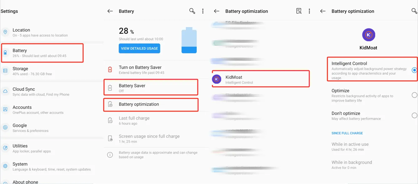 OnePlus Battery optimization screen for KidMoat showing the Intelligent Control, Optimize and Don't optimize options