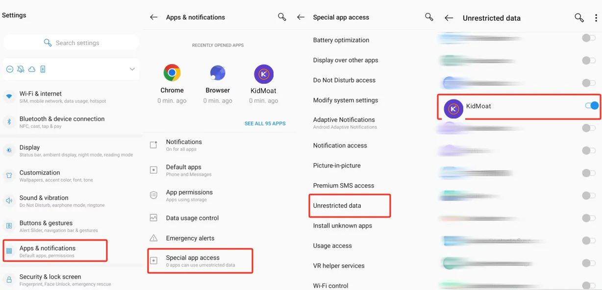 OnePlus Special app access showing the Unrestricted data list with KidMoat switched on