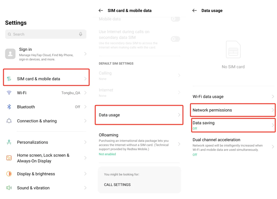 ColorOS settings showing SIM card and mobile data, then Data usage with Network permissions and Data saving