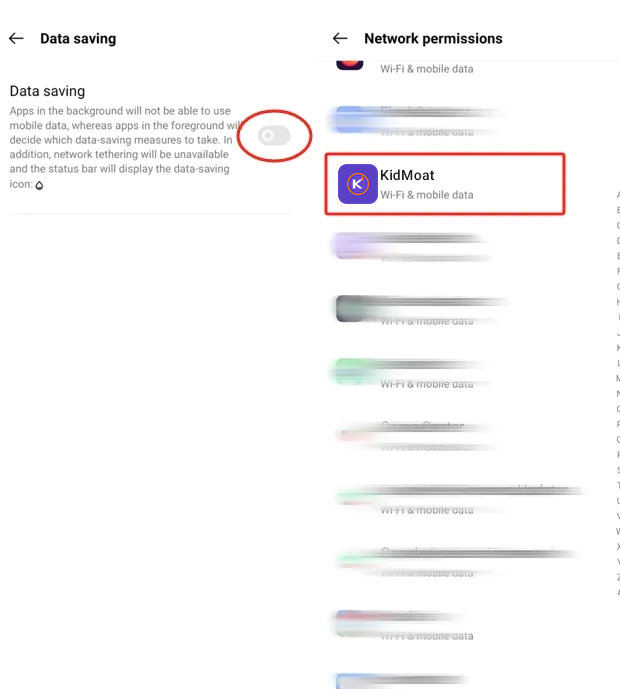 ColorOS Data saving toggle off and Network permissions with KidMoat allowed Wi-Fi and mobile data