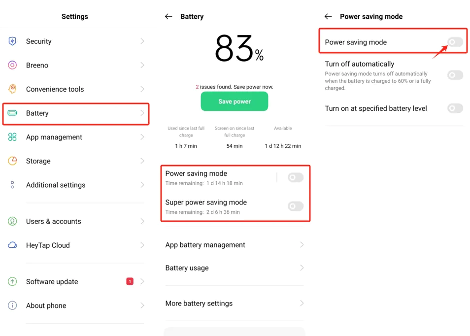ColorOS Battery screen with Power saving mode and Super power saving mode switched off