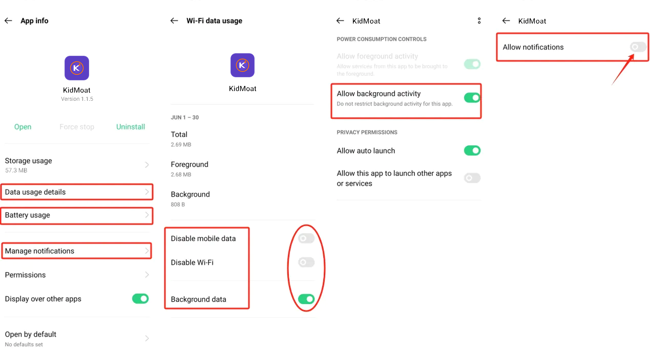 KidMoat App info on ColorOS with background data on, Allow background activity enabled and the notifications toggle to switch on