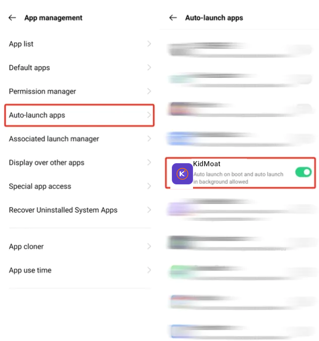 ColorOS Auto-launch apps list with KidMoat enabled