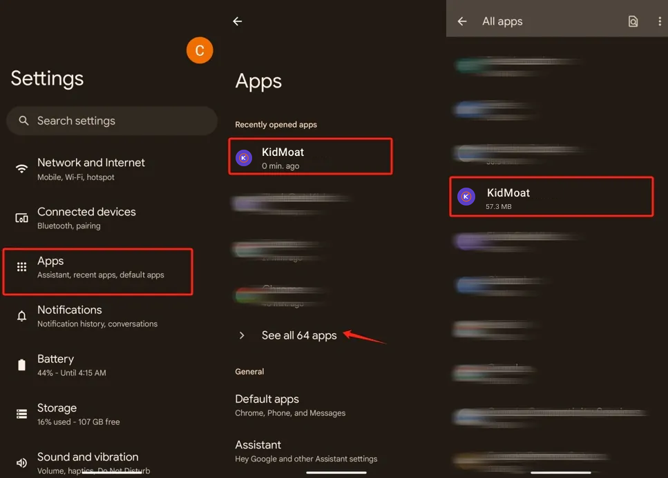 Pixel settings showing the Apps screen and KidMoat selected in the All apps list