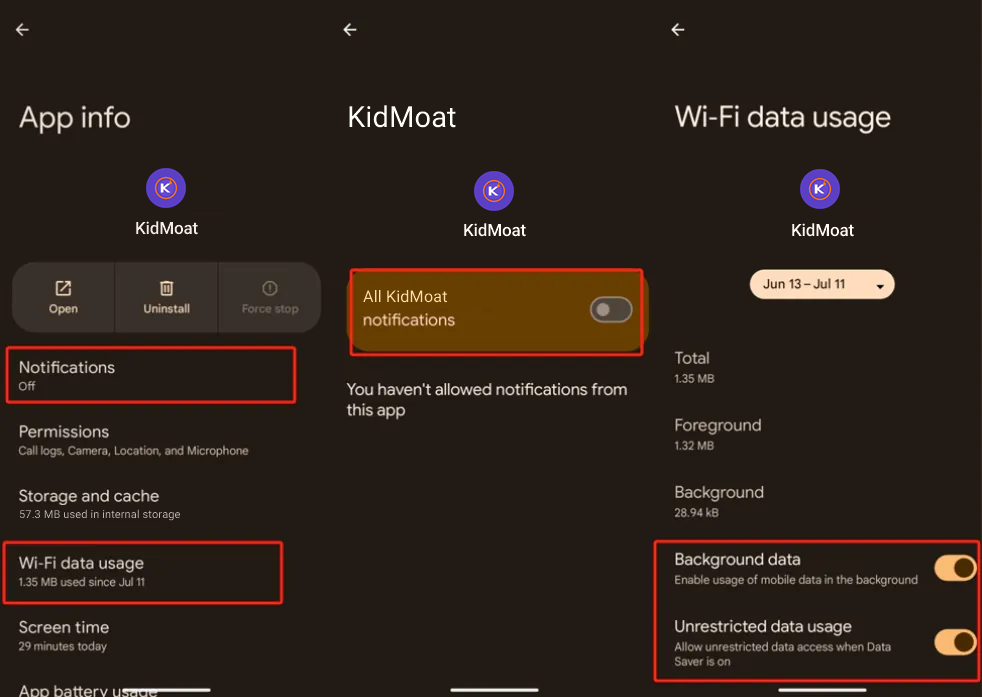 KidMoat App info on a Pixel with the data usage screen showing Background data and Unrestricted data usage both on