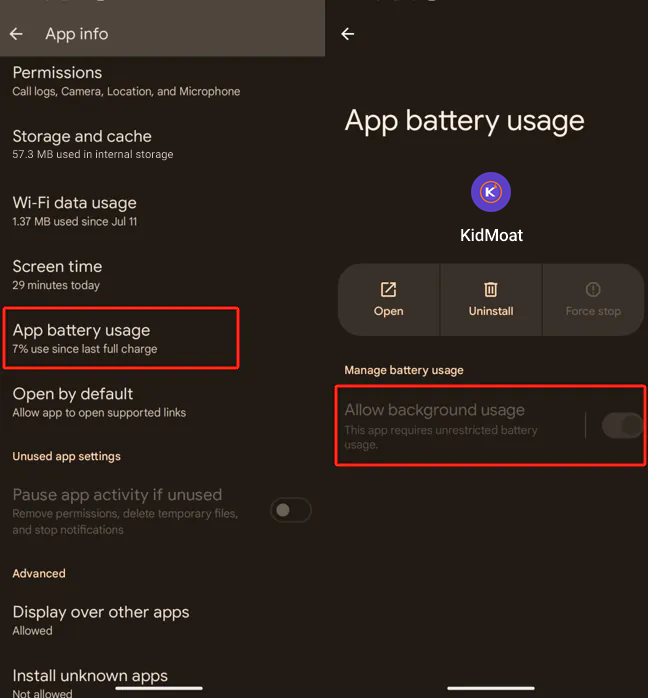 KidMoat App battery usage screen on a Pixel showing Allow background usage enabled with unrestricted battery usage