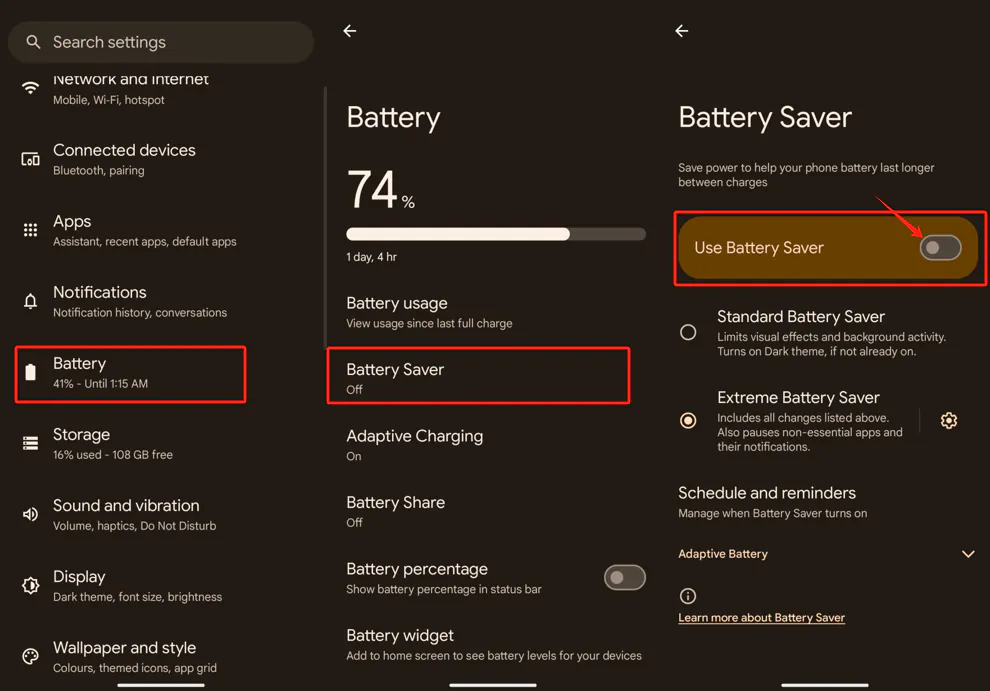 Pixel Battery Saver settings with Use Battery Saver switched off