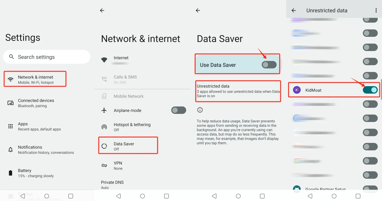 realme settings showing Network and internet, Data Saver and the Unrestricted data list with KidMoat on