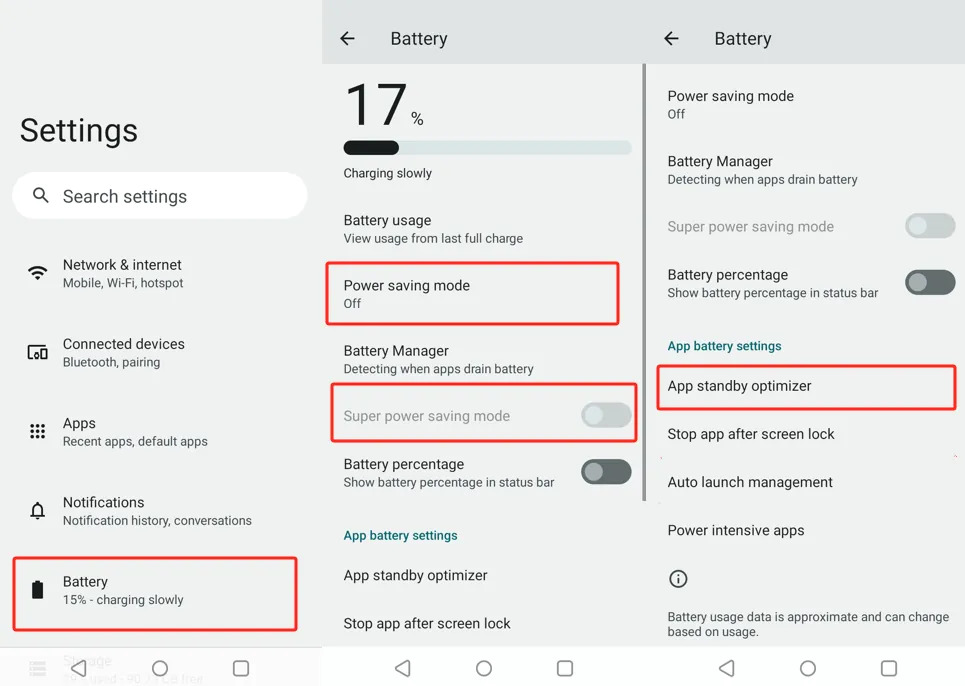 realme Battery screen with power saving modes off and App standby optimizer highlighted