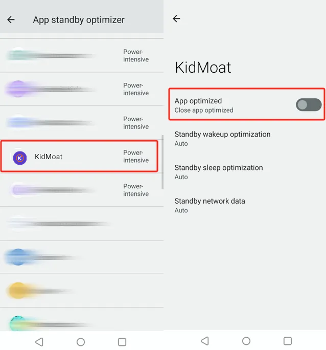 realme App standby optimizer with KidMoat's optimization toggle switched off