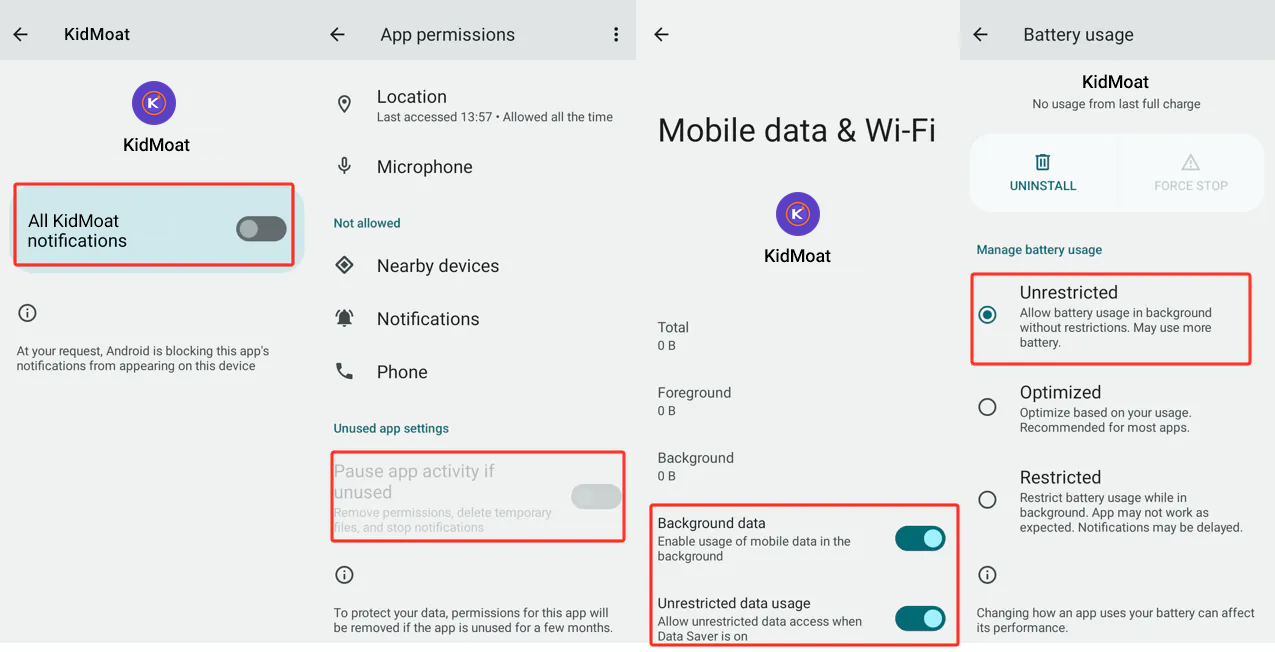 KidMoat notification, permission, data and battery screens on realme with background data on and battery set to Unrestricted