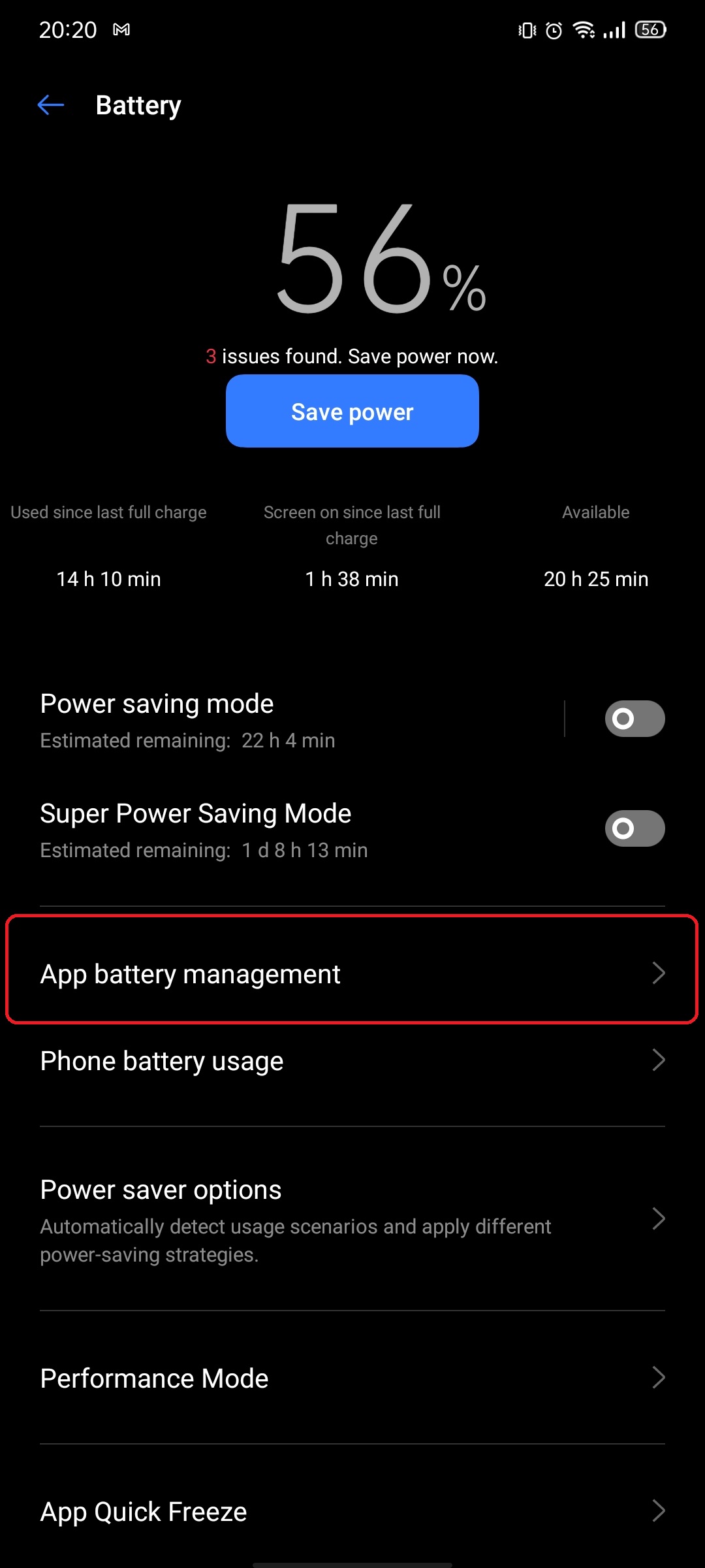 realme UI Battery screen with App battery management highlighted