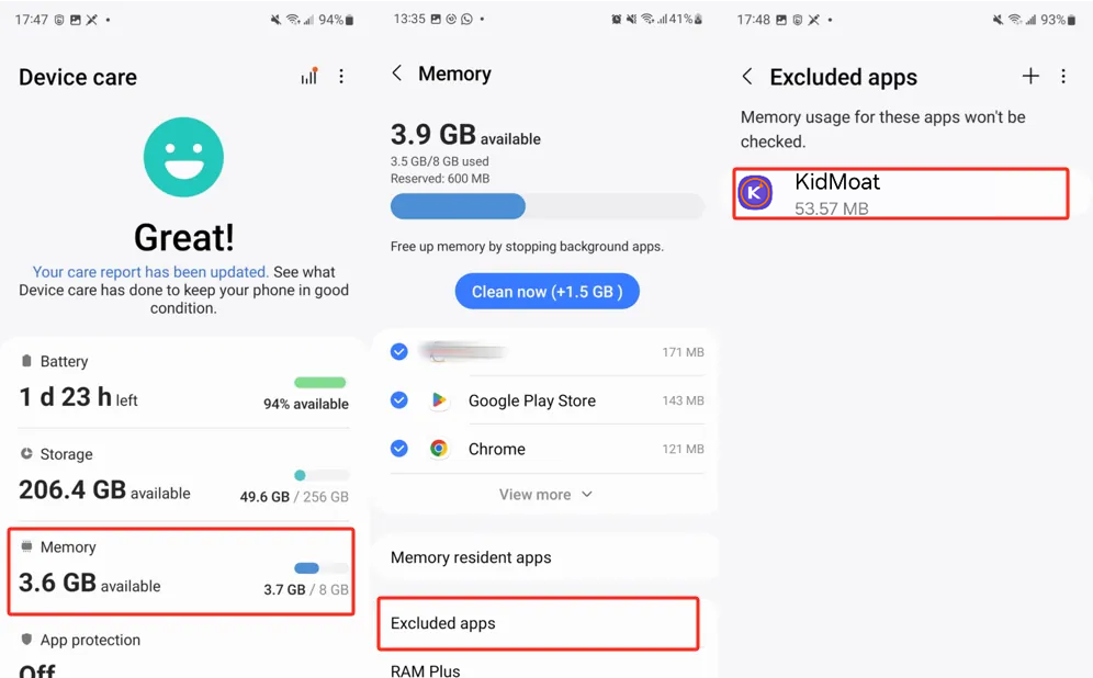 Device care Memory screen with Excluded apps list showing KidMoat added