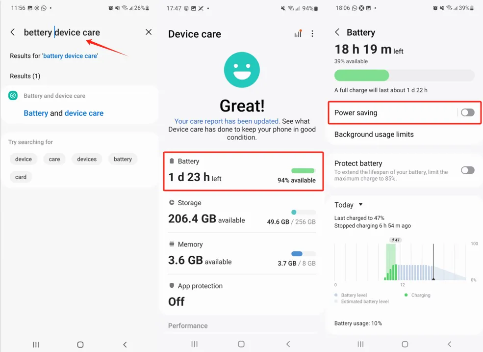 Samsung Battery screen on Android 12 with the Power saving toggle switched off