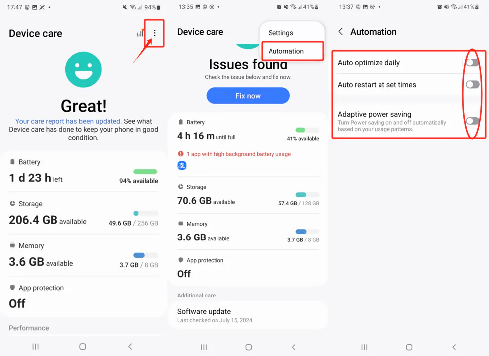 Device care Automation screen with auto optimize, auto restart and adaptive power saving all off