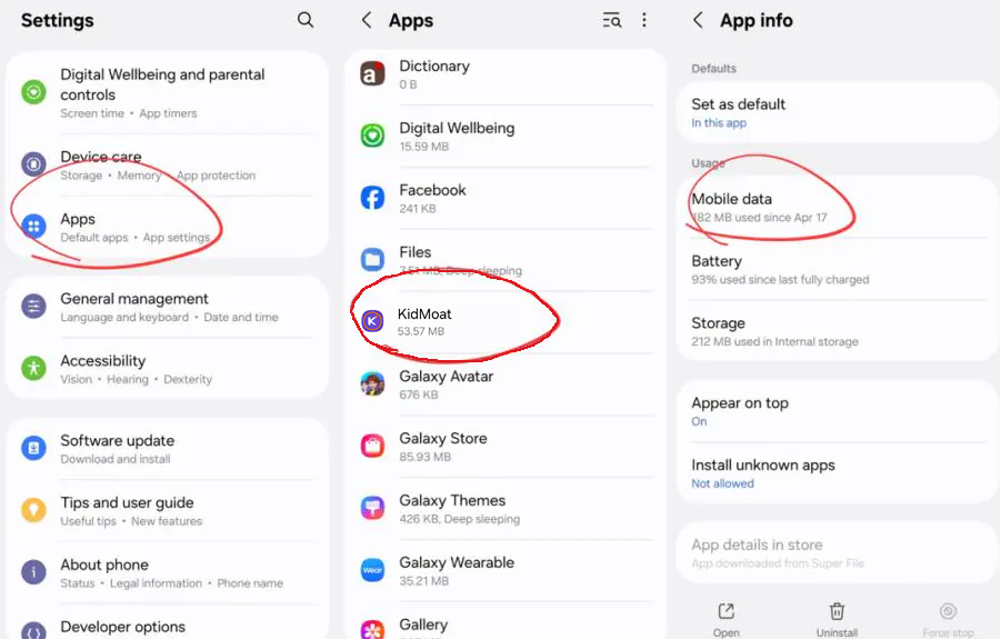 Samsung settings showing Apps, KidMoat and the Mobile data entry on the App info screen