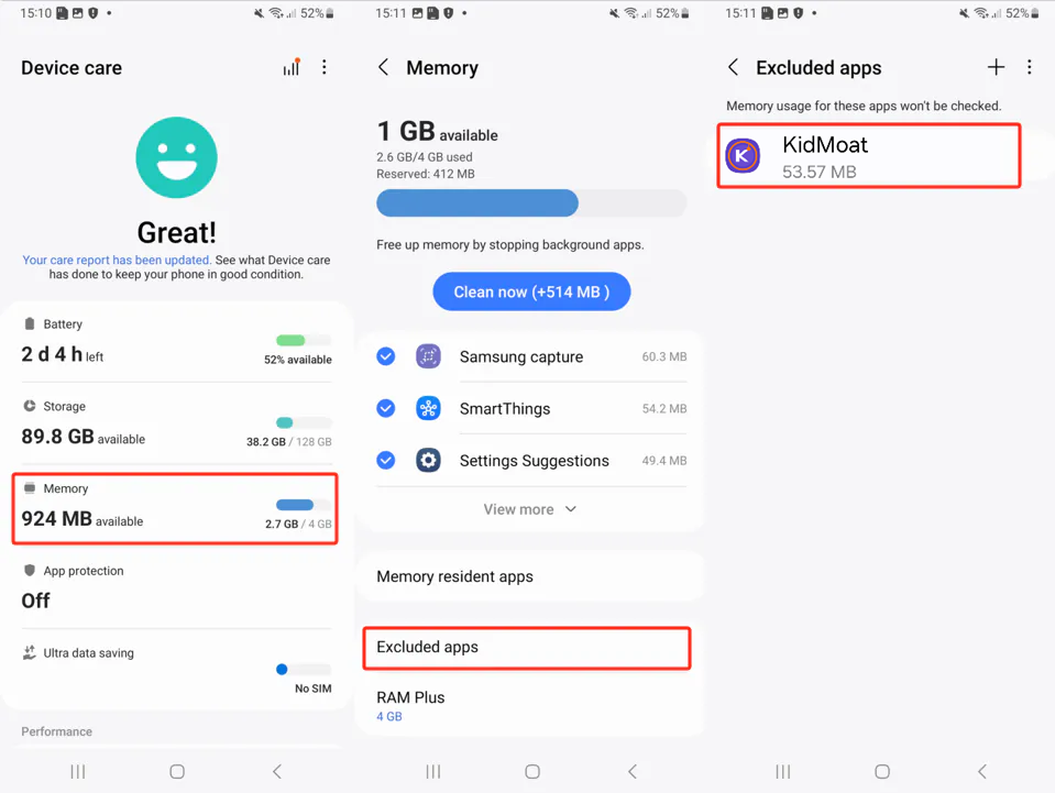 Device care Memory screen with KidMoat in the Excluded apps list