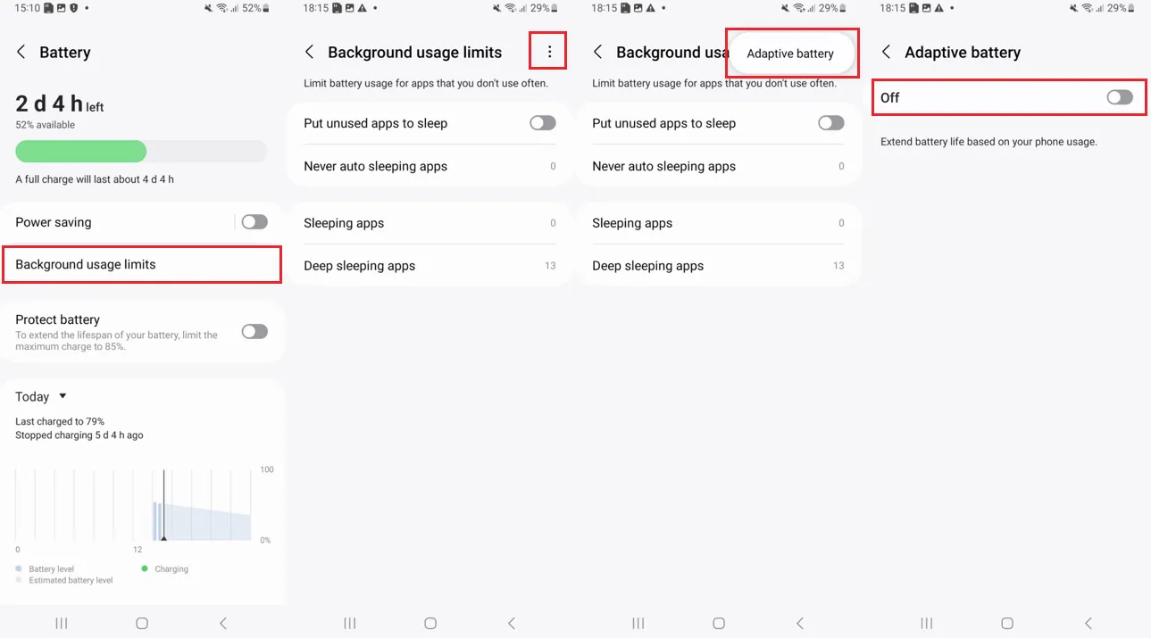 Background usage limits screen with Put unused apps to sleep disabled and Adaptive battery switched off
