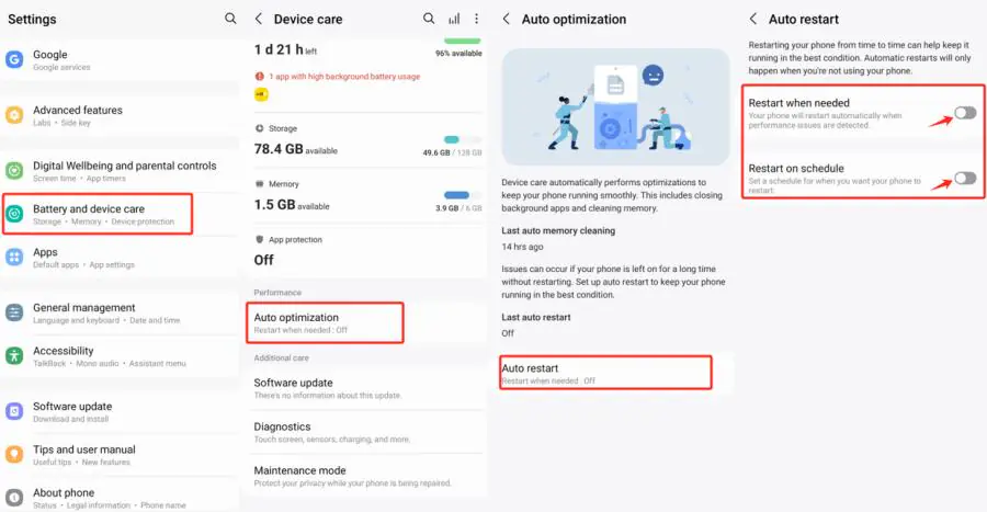 Auto optimization and Auto restart screens with both restart toggles off