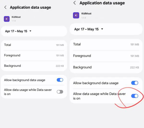 Application data usage screen with both background data toggles enabled
