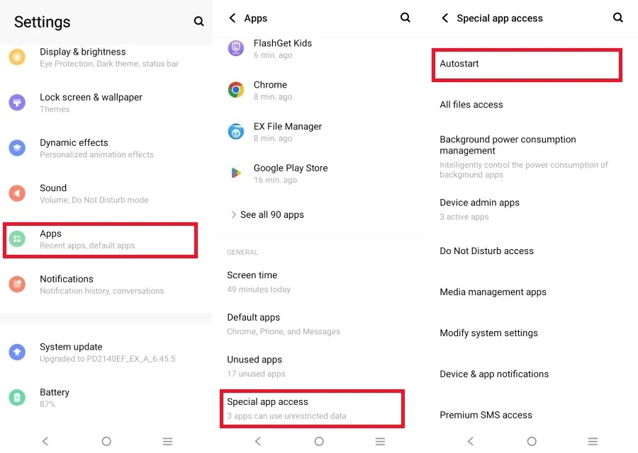 vivo settings showing Apps, Special app access and the Autostart entry