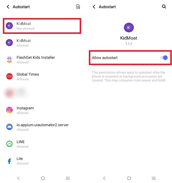 vivo Autostart list with KidMoat selected and the Allow autostart toggle switched on
