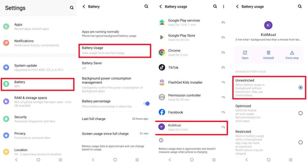 vivo Battery Usage screen with KidMoat selected and Unrestricted battery usage chosen