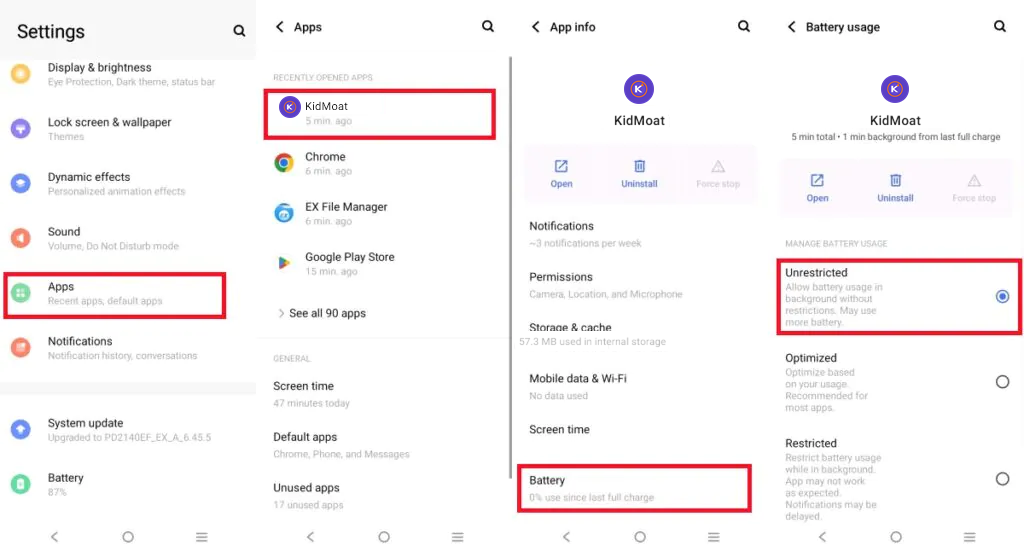 KidMoat App info on vivo with Battery selected and Unrestricted chosen
