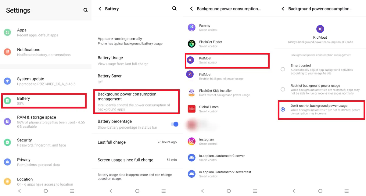 vivo Background power consumption management with KidMoat set to Don't restrict background power usage