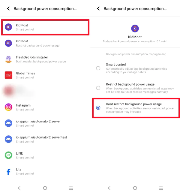 Background power consumption management with KidMoat set to Don't restrict background power usage