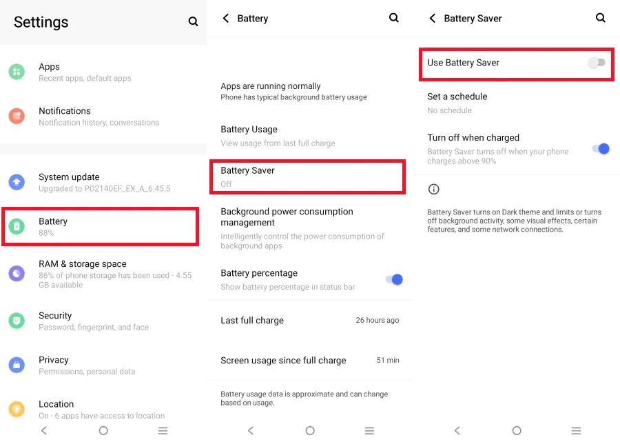vivo Battery Saver screen with Use Battery Saver switched off