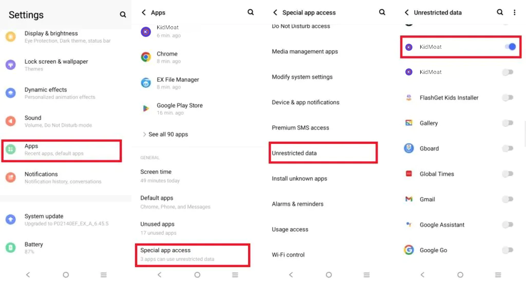 vivo Unrestricted data list with KidMoat switched on