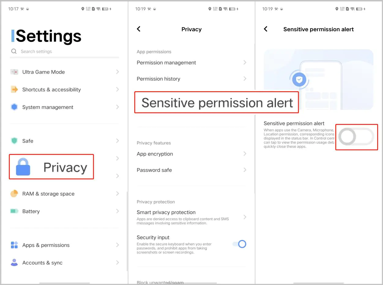 vivo Privacy settings with the Sensitive permission alert toggle switched off