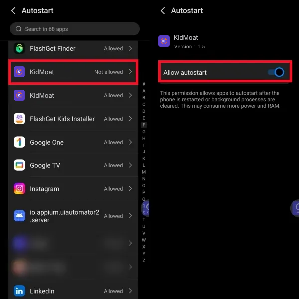 Autostart list with KidMoat selected and Allow autostart switched on