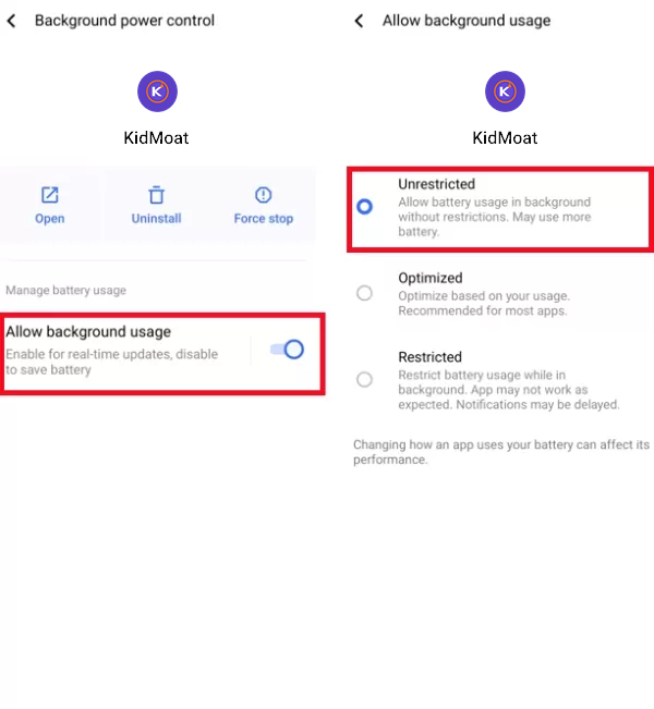 Background power control with Allow background usage on and Unrestricted selected