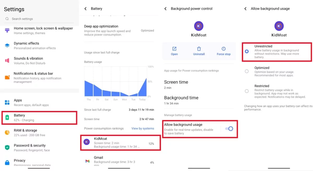 vivo power consumption rankings with KidMoat selected and unrestricted background usage allowed