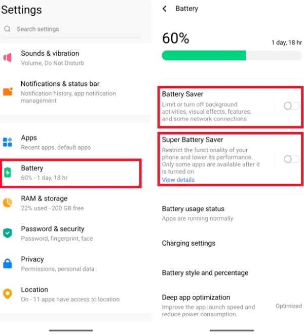 vivo Battery screen with Battery Saver and Super Battery Saver both off