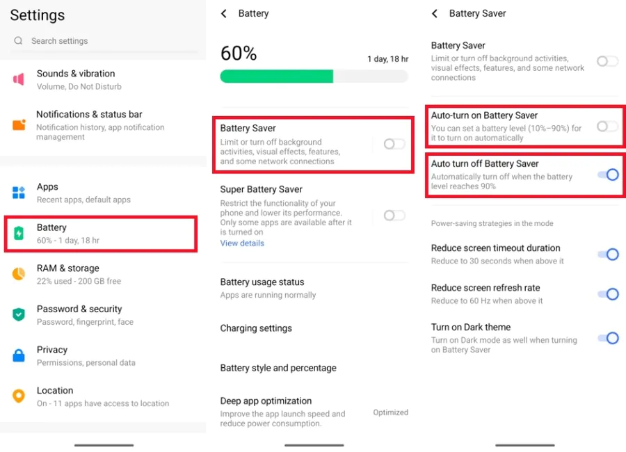 Battery Saver settings with Auto-turn on Battery Saver disabled