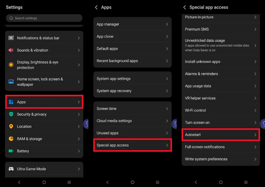 vivo settings on Android 16 showing Apps, Special app access and Autostart
