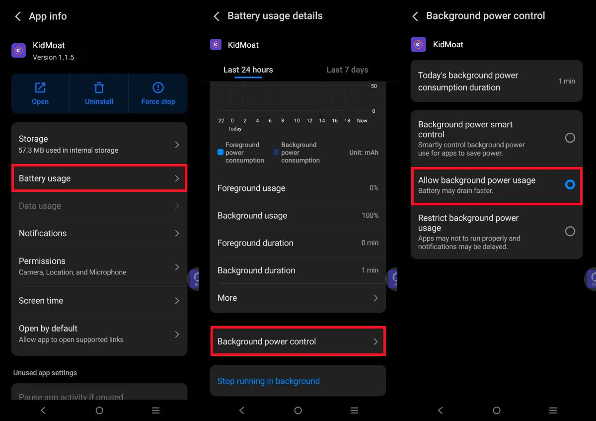 KidMoat battery usage details with Background power control set to Allow background power usage